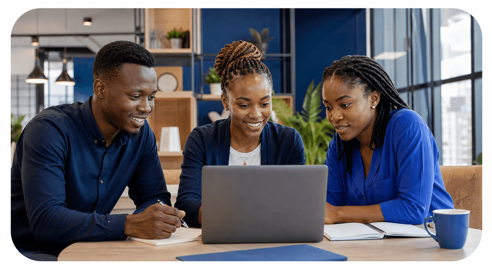 Kenyan learners collaborating on an online work project
